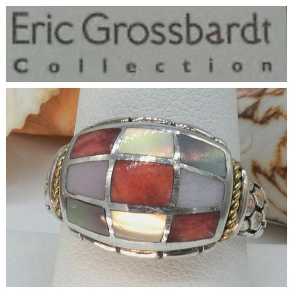 Vintage Eric Grossbardt 925 & 18k Gold Mother Of Pearl & Spiny Oyster Inlay Ring